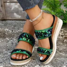 Sandali con zeppa glitter verdi per donna estate 2024 sandali con plateau spessi da spiaggia argento pantofole scarpe donna slip